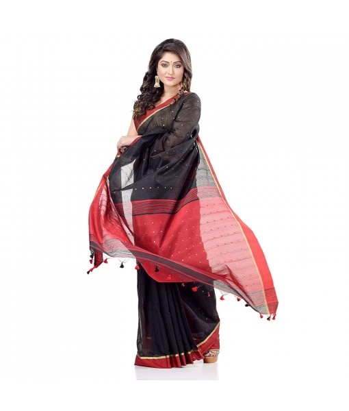 dB DESH BIDESH Women`s Tant Silk Handloom Cotton Saree Sequence Work With Blouse Piece Black Red