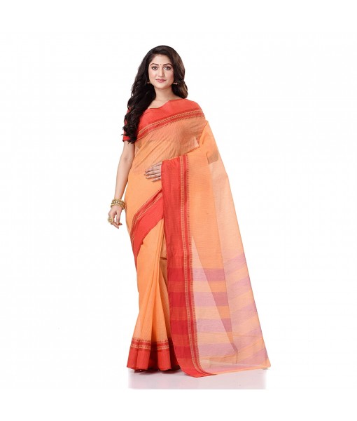 Bengal Soft Cotton Women`s Traditional Bengal Tant Pure Handloom Cotton Saree Kantha Stitch Woven Without Blouse Piece Orange Red