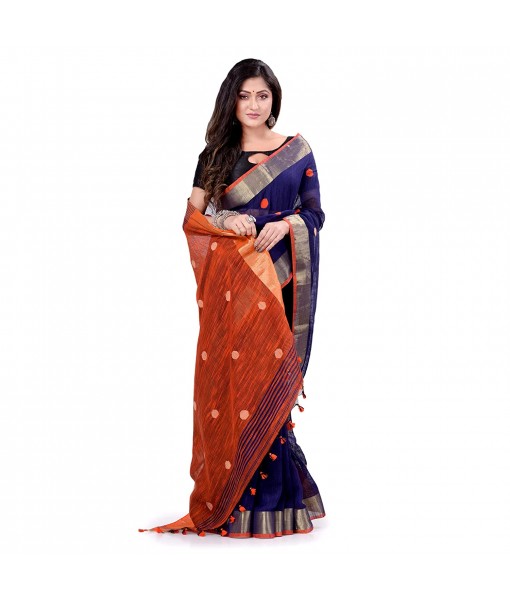 dB DESH BIDESH Women`s Pure Cotton Traditional Bengali Tant Handloom Cotton Saree Round Desigined With Blouse Piece (Deep Blue Orange)