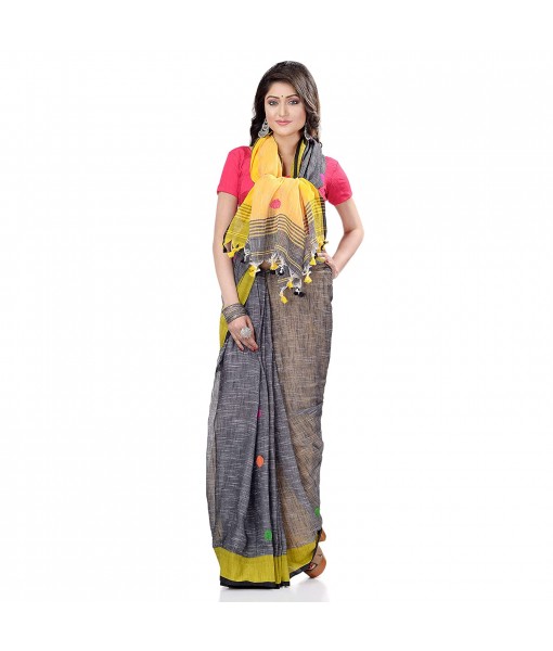 dB DESH BIDESH Women`s Pure Cotton Traditional Bengali Tant Handloom Cotton Saree Round Desigined With Blouse Piece (Grey Yellow)