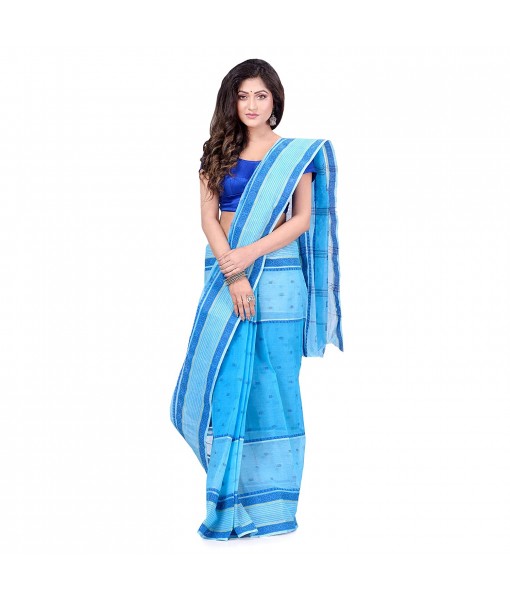 dB DESH BIDESH Women`s Bengal Tant Devdas Design Pure Handloom Cotton Saree Without Blouse Piece Light Blue