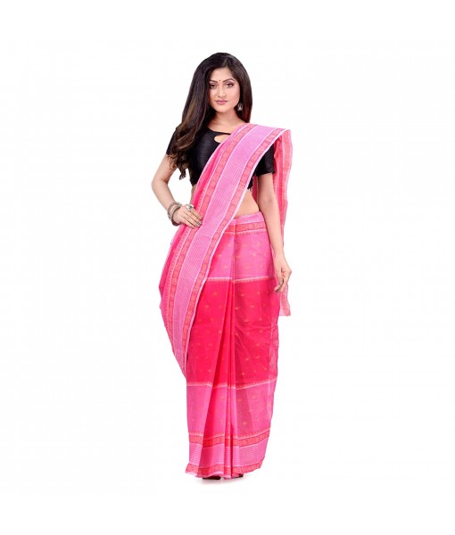 dB DESH BIDESH Women`s Bengal Tant Devdas Design Pure Handloom Cotton Saree Without Blouse Piece Pink