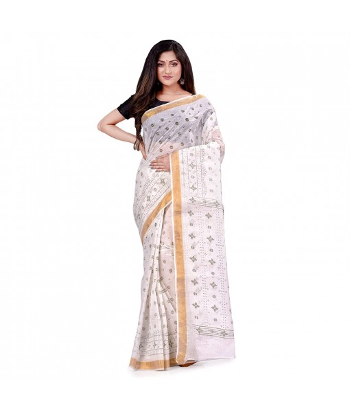 dB DESH BIDESH Women`s Bengal Tant Kerala Print Design Pure Handloom Cotton Saree Without Blouse Piece White Green