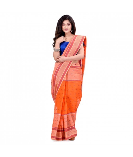 dB DESH BIDESH Women`s Bengal Tant Devdas Design Pure Handloom Cotton Saree Without Blouse Piece orange