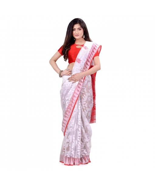 dB Desh Bidesh Women`s Bengal Handloom Tant Soft Dhakai Jamdani Cotton Saree Whole Body Design (White Red)