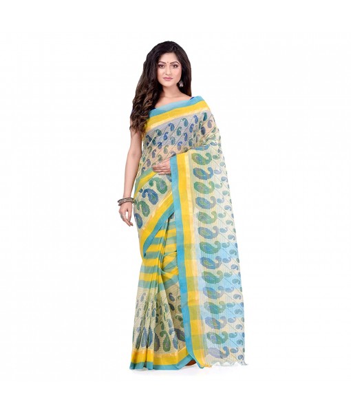 dB DESH BIDESH Women`s Bengal Tant Kolka Print Design Pure Handloom Cotton Saree Without Blouse Piece Green
