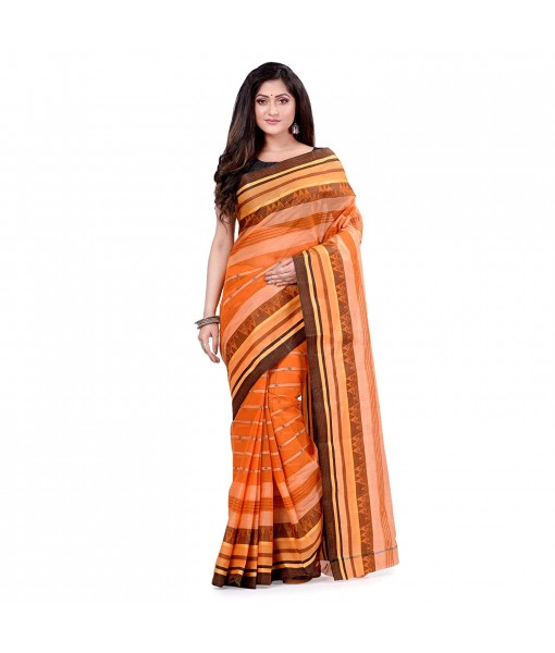 dB DESH BIDESH Women`s Traditional Bengal Tant Pure Handloom Cotton Saree Temple Buti Woven Design Without Blouse Piece Orange