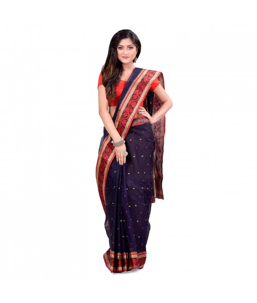 dB DESH BIDESH Women`s Traditional Bengal Tant Pure Handloom Cotton Saree Patabahar Design Without Blouse Piece navy Blue Red