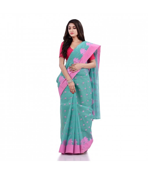 DESH BIDESH Women`s Traditional Tant Pure Handloom Cotton Saree Woven Tri Flower Designer Without Blouse Piece (Firoza)