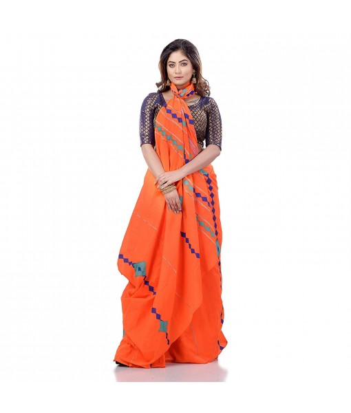dB DESH BIDESH Women`s Bengali Khesh Mul Pure Cotton Handloom Saree With Blouse Piece (Orange)