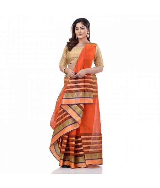 dB DESH BIDESH Women`s Traditional Bengali 3D Temple Design Pure Handloom Cotton Saree Without Blouse Piece (Orange Green)