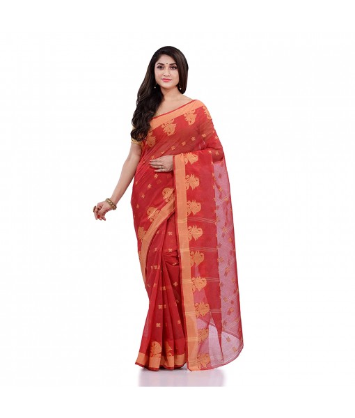 dB DESH BIDESH Women`s Traditional Tant Pure Handloom Cotton Saree Woven Tri Flower Designer Without Blouse Piece (Red)