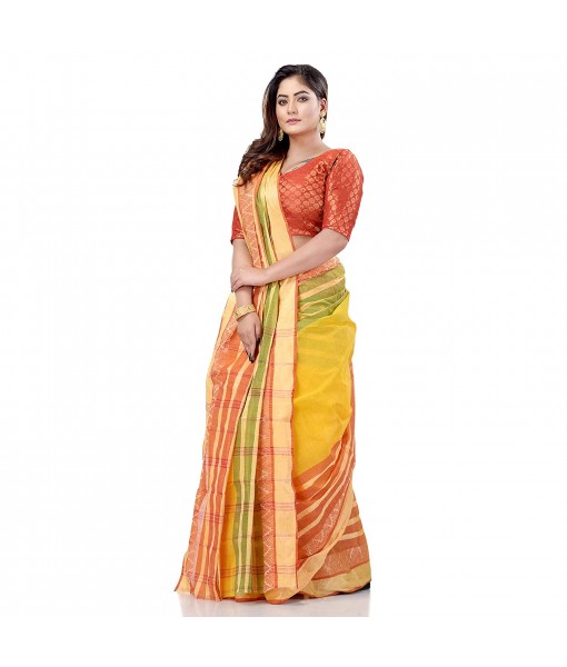 dB DESH BIDESH Women`s Traditional Bengali 3D Temple Design Pure Handloom Cotton Saree Without Blouse Piece (Yellow)