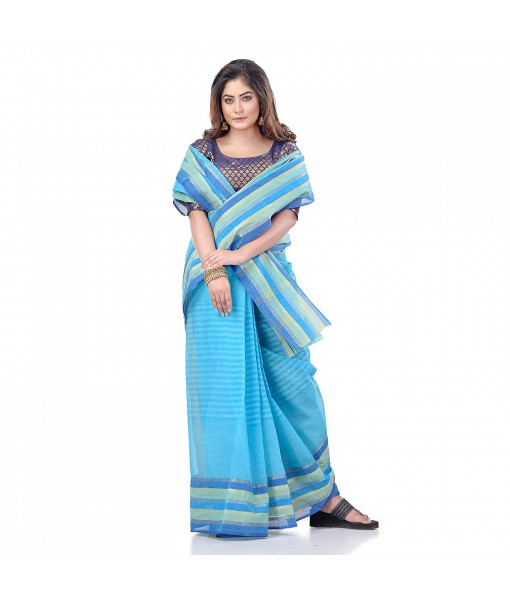 dB DESH BIDESH Women`s Bengali Tant Khejur Chori Pure Handloom Cotton Saree Without Blouse Piece (Blue)