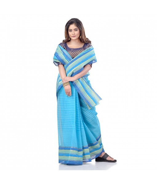 dB DESH BIDESH Women`s Bengali Tant Khejur Chori Pure Handloom Cotton Saree Without Blouse Piece (Blue)