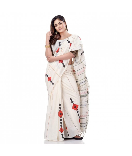 dB DESH BIDESH Women`s Bengali Khesh Mul Pure Cotton Handloom Saree With Blouse Piece (White)