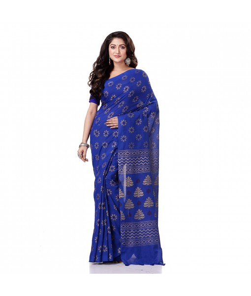 dB DESH BIDESH Women`s Bengal Tant Abhrak Work Design Soft Pure Handloom Cotton Saree With Blouse Piece (Blue)