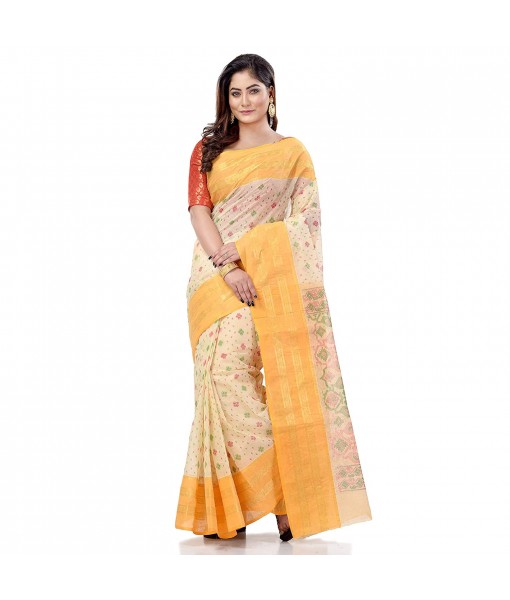 dB DESH BIDESH Women`s Bengal Tant Jamdani Printed Handloom Cotton Saree Without Blouse Piece (Yellow)