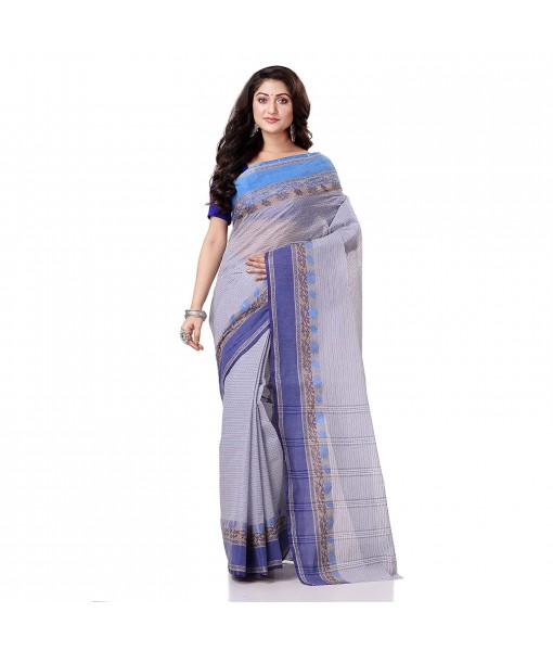 Traditional Bengal Tant Pure Handloom Cotton Saree Jol Torongo Woven Design Without Blouse Piece Off White Blue