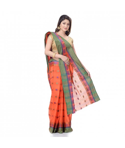 dB DESH BIDESH Women`s Traditional Bengal Tant Woven Lotus Kolka Design Pure Cotton Handloom Saree Without Blouse Piece Orange