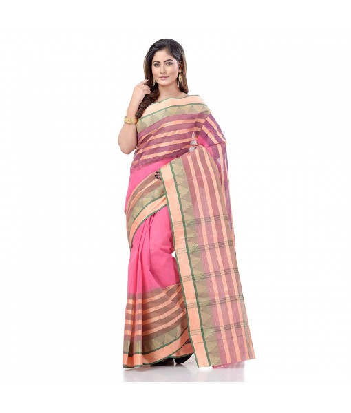 dB DESH BIDESH Women`s Traditional Bengali 3D Temple Design Pure Handloom Cotton Saree Without Blouse Piece (Pink)