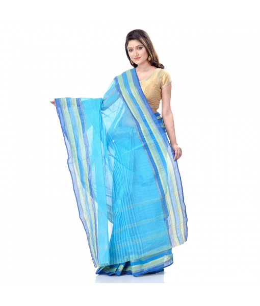 dB DESH BIDESH Women`s Bengal Handloom Pure Cotton Saree Khejur Chori Design Without Blouse Piece Cyan Blue