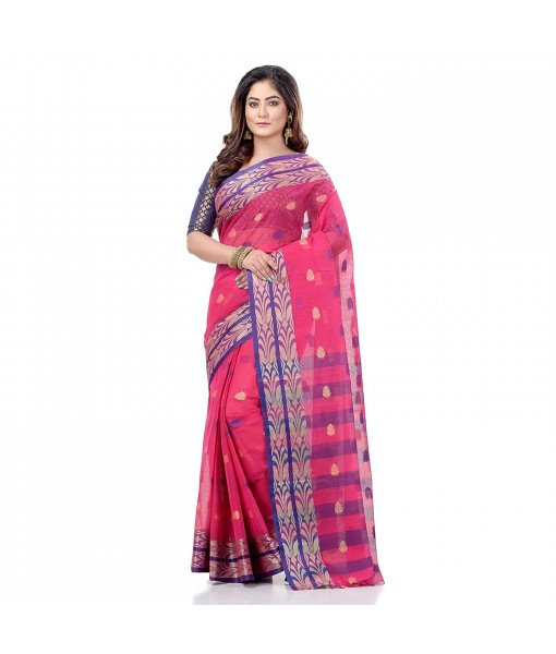dB DESH BIDESH Women`s Bengal Tant Potrobinnas Pure Handloom Cotton Saree Without Blouse Piece (Pink)