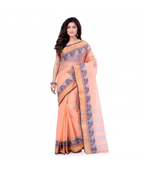 Women`s Traditional Bengal Tant Pure Handloom Cotton Saree PushpoLata Woven Design Without Blouse Piece Light Orange