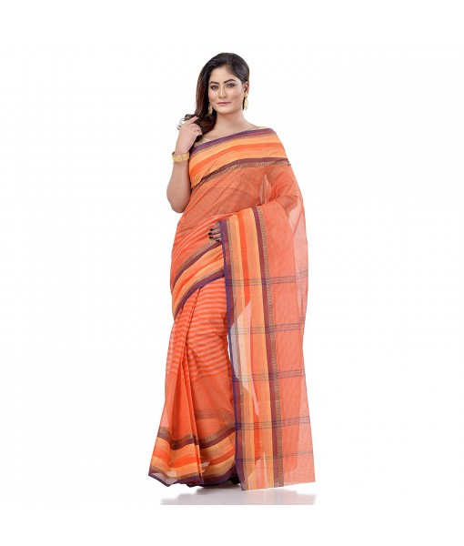 dB DESH BIDESH Women`s Bengali Tant Khejur Chori Pure Handloom Cotton Saree Without Blouse Piece (Orange)