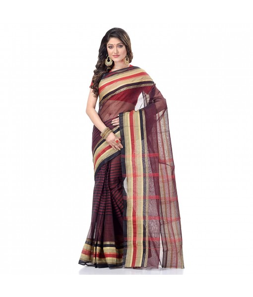 dB DESH BIDESH Women`s Bengal Handloom Pure Cotton Saree Khejur Chori Design Without Blouse Piece Black