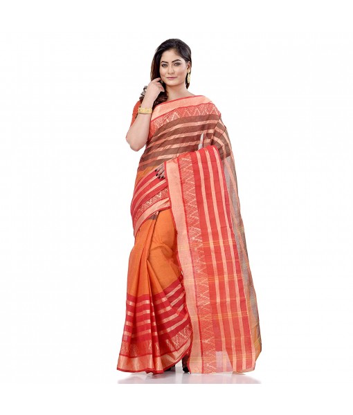 dB DESH BIDESH Women`s Traditional Bengali 3D Temple Design Pure Handloom Cotton Saree Without Blouse Piece (Orange Red)