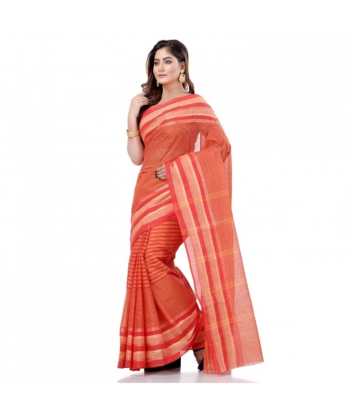 dB DESH BIDESH Women`s Bengali Tant Khejur Chori Pure Handloom Cotton Saree Without Blouse Piece (Red)