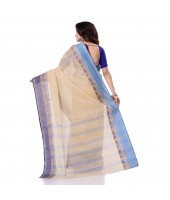 Traditional Bengal Tant Pure Handloom Cotton Saree Jol Torongo Woven Design Without Blouse Piece Offwhite Blue