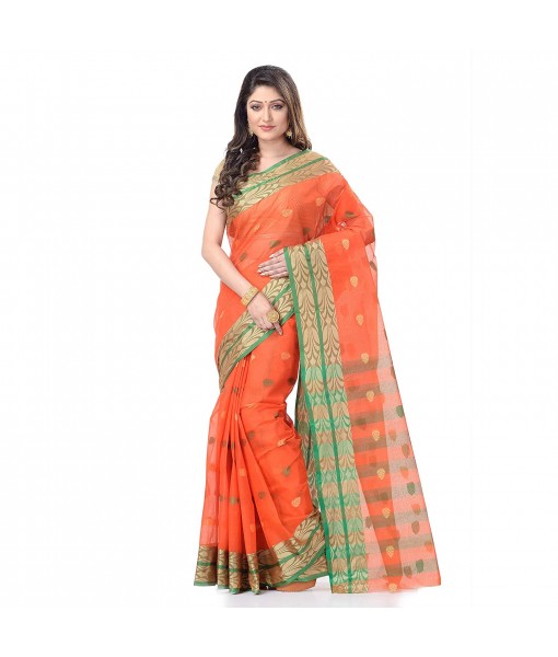 dB DESH BIDESH Women`s Bengal Tant Potrobinnas Pure Handloom Cotton Saree Without Blouse Piece (Orange)