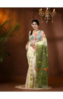 Resham Dhakai Jamdani Cotton Handloom Saree Aam Kolka Design Jamdani Saree(White Green)