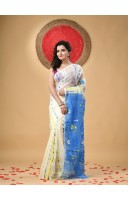 Resham Dhakai Jamdani Cotton Handloom Saree Aam Kolka Design Jamdani Saree (White Blue)