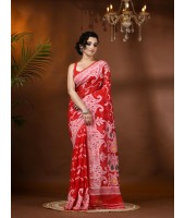 Resham Dhakai Jamdani Cotton Handloom Saree Alpana Paisle Kolka Design Jamdani Saree (Red) 