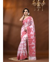 Resham Dhakai Jamdani Cotton Handloom Saree Alpana Paisle Kolka Design Jamdani Saree (White) 