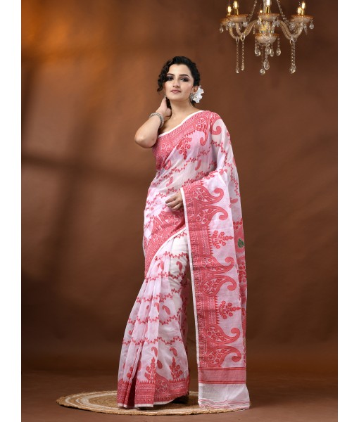 Resham Dhakai Jamdani Cotton Handloom Saree Alpana Paisle Kolka Design Jamdani Saree (White) 