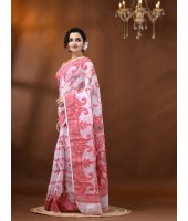Resham Dhakai Jamdani Cotton Handloom Saree Alpana Paisle Kolka Design Jamdani Saree (White) 