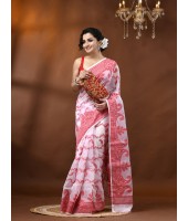 Resham Dhakai Jamdani Cotton Handloom Saree Alpana Paisle Kolka Design Jamdani Saree (White) 