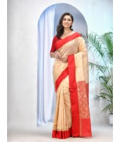 Tant Cotton Saree with Blouse Piece (Off-White and Red) - Durga Puja Collection