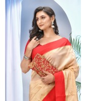 Tant Cotton Saree with Blouse Piece (Off-White and Red) - Durga Puja Collection
