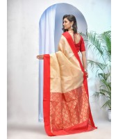 Tant Cotton Saree with Blouse Piece (Off-White and Red) - Durga Puja Collection