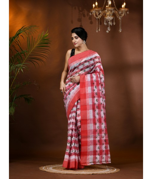 dB DESH BIDESH Women`s Bengal Tant Banphul Print Design Pure Handloom Cotton Saree Without Blouse Piece