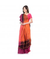 dB DESH BIDESH Women`s Traditional Bengali Begampuri Pure Handloom Cotton Saree With Blouse Piece (Black Orange)