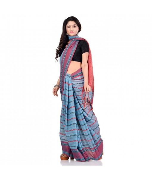 dB DESH BIDESH Women`s Traditional Bengali Begampuri Pure Handloom Cotton Saree With Blouse Piece (Blue Red)