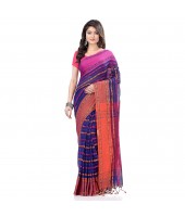 dB DESH BIDESH Women`s Traditional Bengali Begampuri Pure Handloom Cotton Saree With Blouse Piece (Deep Blue)