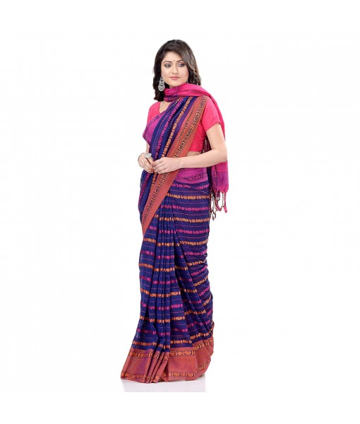 dB DESH BIDESH Women`s Traditional Bengali Begampuri Pure Handloom Cotton Saree With Blouse Piece (Deep Blue)