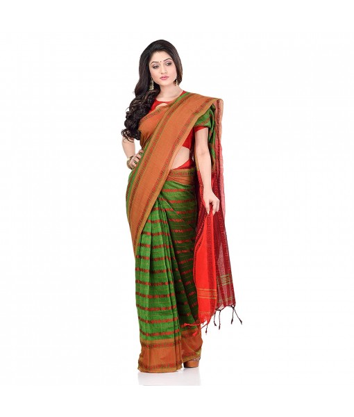dB DESH BIDESH Women`s Traditional Bengali Begampuri Pure Handloom Cotton Saree With Blouse Piece (Green Red)